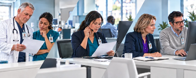 Illustrative scenes of clinical review, care-transition coordination and quality review.