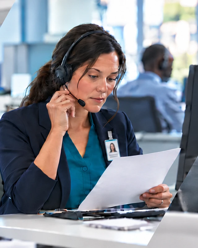 A coordinator reviewing a document while using a headset.